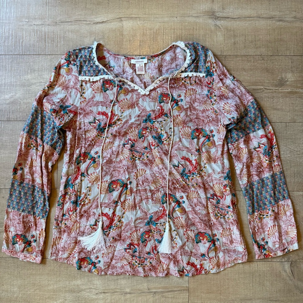 Sundance Paisley Tassel Tie Peasant Rayon Blouse Size Medium Boho travel coastal